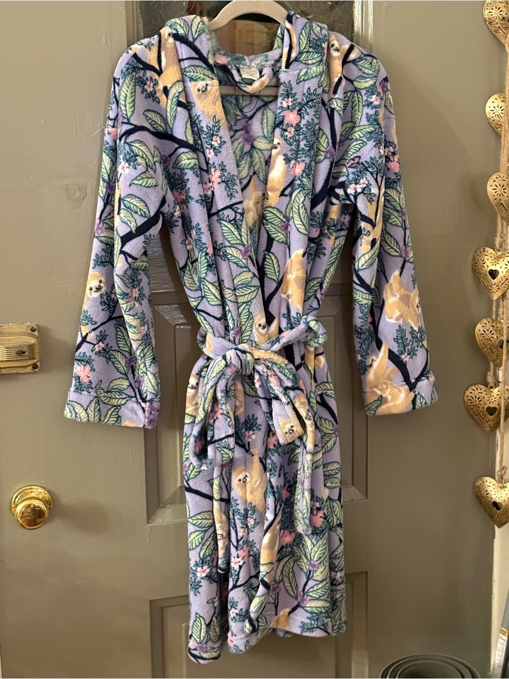 Vera Bradley Lavender Plush Hooded Robe with cute “Lazy Sloth” design